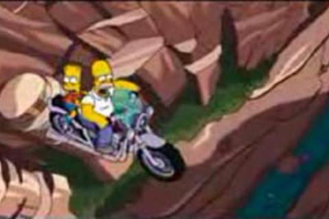 Simpsons Movie: Homer jumps Springfield Gorge on a bike