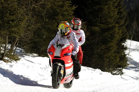 Rossi gives Hayden a Ducati MotoGP pillion ride – on snow!