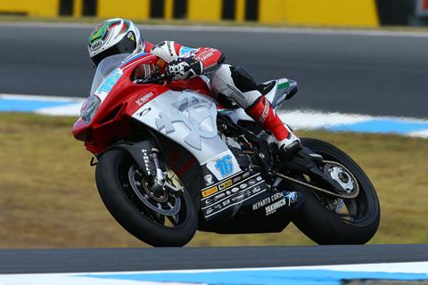 WSS Aragon: MV rider Cluzel just heads off the Flying Coghlan