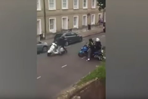 Video: Man chases scooter thieves with hammer